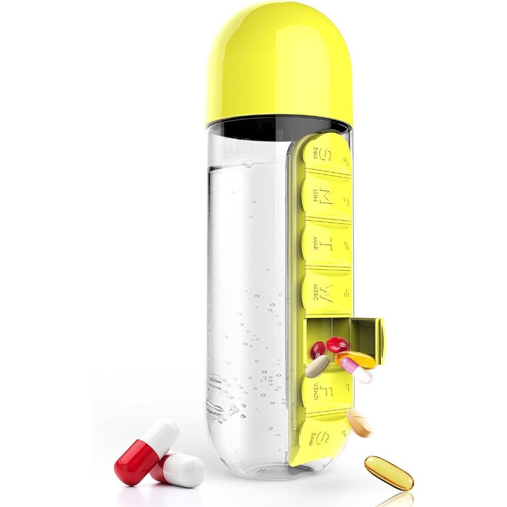 Pill & Vitamin Organizer Water Bottle with Built-In 7 Day Pill Organizer